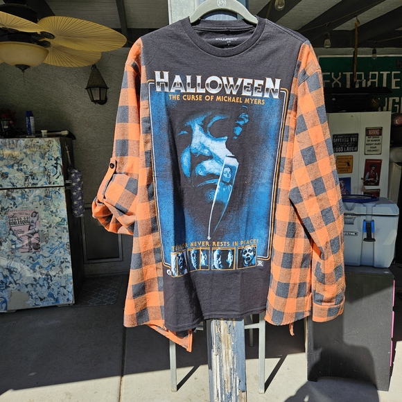 Halloween Graphic Tee with Orange Plaid Shirt - Picture 1 of 3